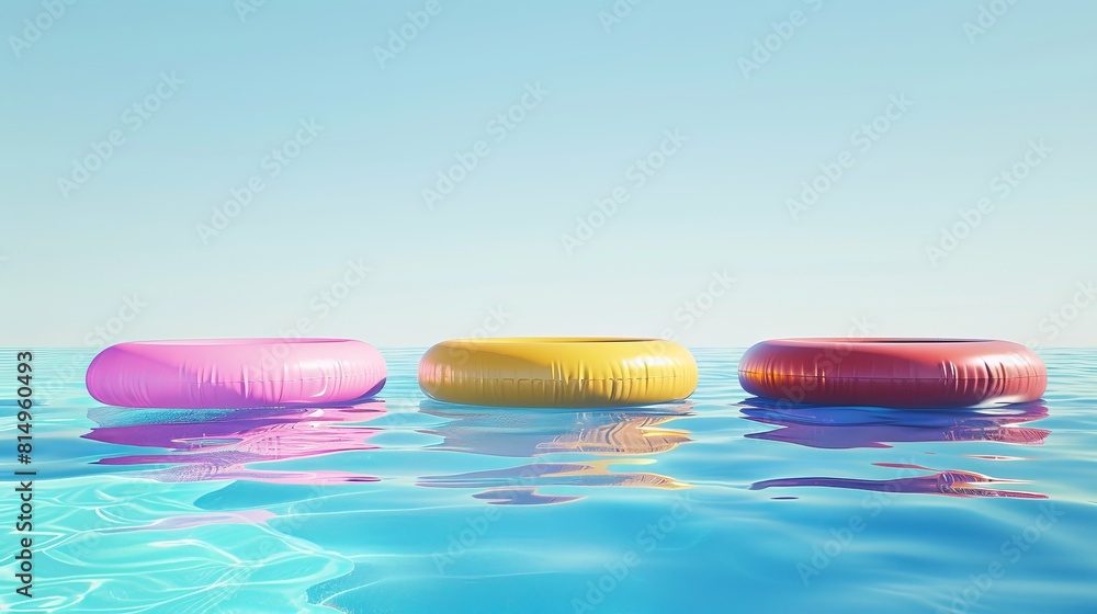 Poster three colorful rubber rings float in a swimming pool against an empty blue sky background. 3d render