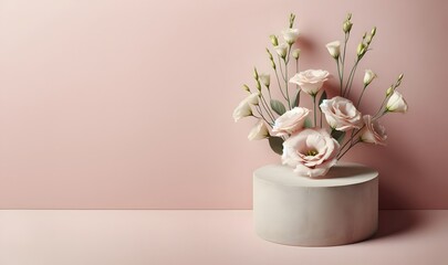 Elegant floral arrangement on a concrete podium, set against a soft pink backdrop, exuding a tranquil ambiance.