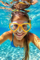 Fototapeta premium Blue water exploration young woman diving in crystal clear underwater environment