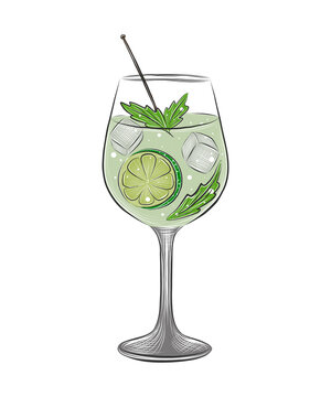 PNG engraved style Hugo alcoholic cocktail with ice cubes, splashes illustration for posters, decoration, menu and logo. Hand drawn sketch of drink, beverage 