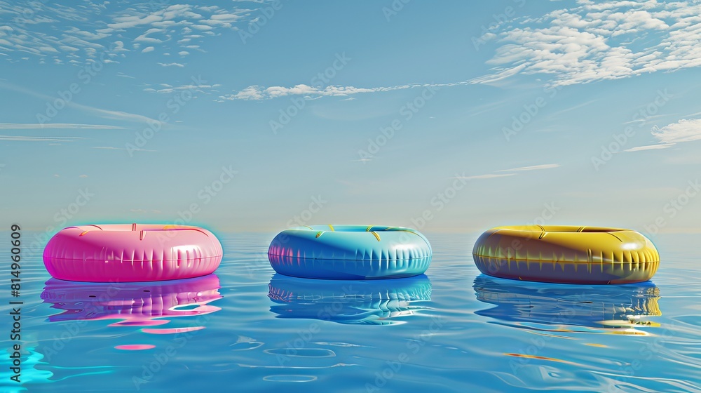 Poster three colorful rubber rings float in a swimming pool against an empty blue sky background. 3d render