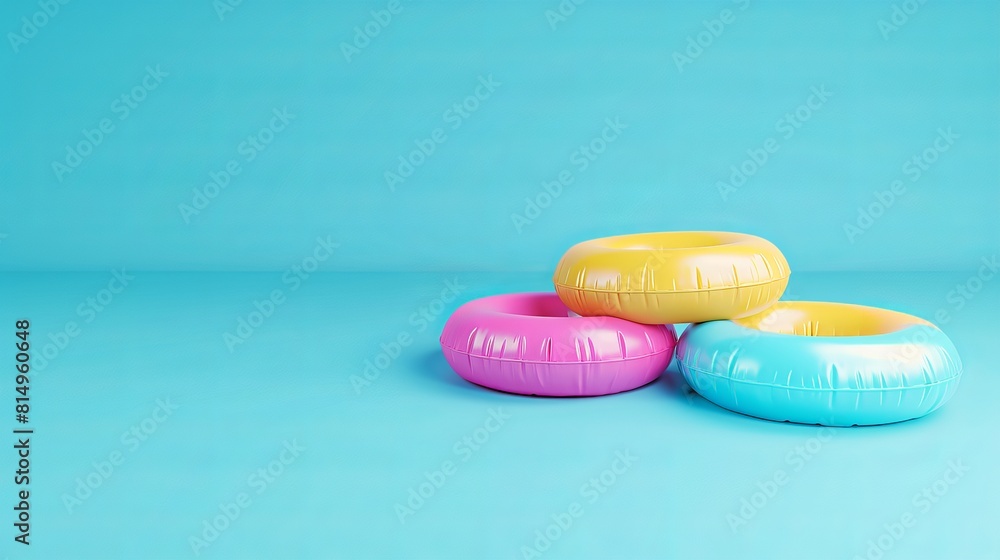Poster three colorful rubber rings float in a swimming pool against an empty blue sky background. 3d render