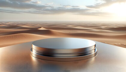Gleaming metal podium set against the expansive backdrop of a serene desert landscape at sunrise, capturing the essence of solitude.