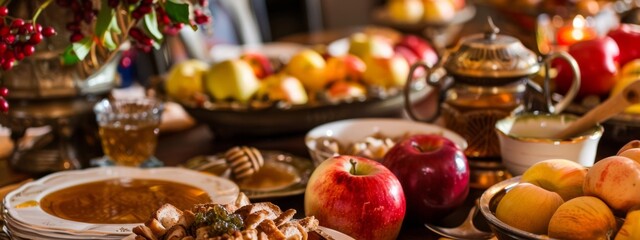 A table full of food with apples and honey