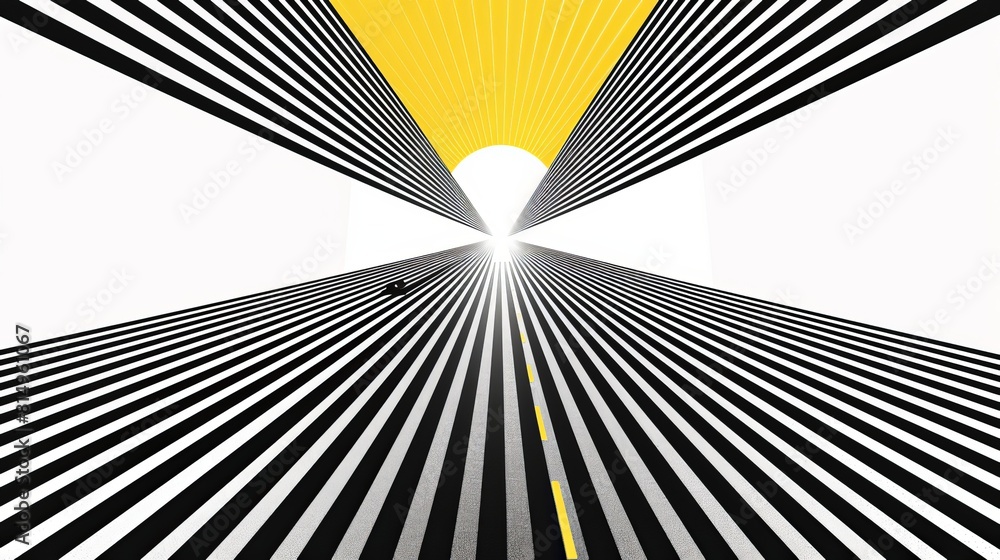 Poster 3d black and white lines in perspective with yellow elements abstract vector background, linear pers