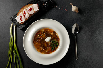 Green Borscht with nettles and sorrel. Garlic, lard sandwich