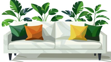 An illustration of a modern beige interior with a white sofa, colorful pillows, and green plants.