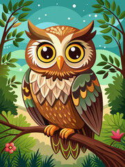 vector illustration of owl sitting on a branch