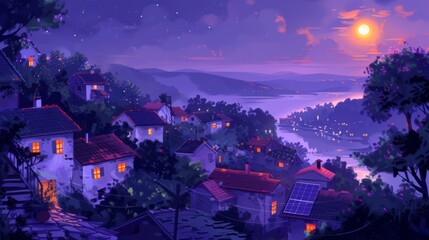 Obraz premium An illustration of a picturesque village at dusk with solar panels on rooftops, highlighting sustainable energy usage.