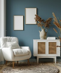 3D render blue wall living room interior, with two mockup frame illustration