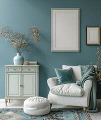 3D render illustration modern living room blue wall with sofa