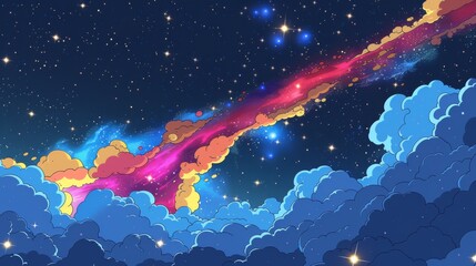Illustration of a vibrant space nebula with colorful clouds against a starry sky, imparting a feeling of cosmic chaos.