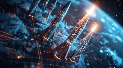Smart Tech Military Theme Rocket missiles advanced navigation overlaying the engineers digital blueprints, doubleexposed with smart tech networks and deepspace imagery.
