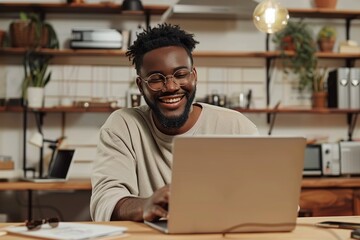 Smiling freelancer working on laptop in home office