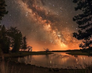 A breathtaking long-exposure photograph of a lake at night, featuring a stunning Milky Way galaxy above, reflected in the still waters, surrounded by silhouetted trees.