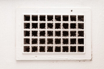 Dust and black mold on the ventilation grate, close-up. Poor cleaning. Dirty air and allergens...