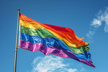 An adult lgbtq pride flag flying in bright blue sky