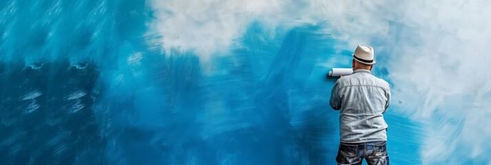 A man in casual attire is using a paint roller to apply blue paint on a textured wall
