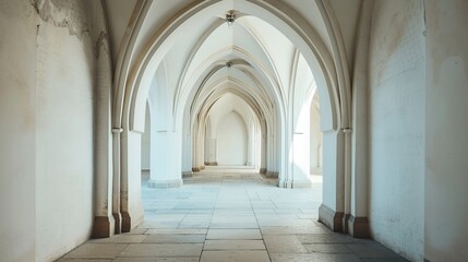 Serene archway corridor in a historic building, bathed in natural light