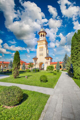 Amazing cityscape with Bell Tower of Orthodox Coronation Cathedral inside fortified Alba Carolina Fortress