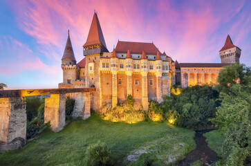 Amazing morning view of Hunyad Castle / Corvin's Castle with wooden bridge.