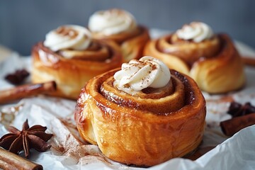 Tasty cinnamon rolls with cream on parchment paper