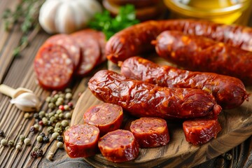 Tasty dry cured sausages kabanosy and ingredients