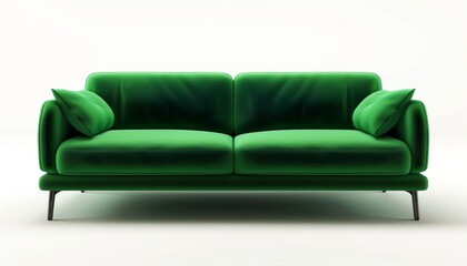 3D sofa in forest green and moss green on white background, isolated for architecture use, minimal design, realistic rendering.