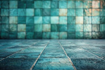Artistic focus on an abstract pattern of blue and turquoise tiles, showcasing a unique textured floor design.