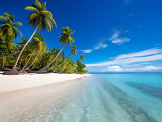 An exotic beach paradise with palm trees, white sand, and turquoise waters, perfect for relaxation and tropical escape