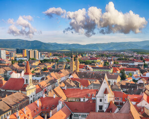 Amazing View from bell tower of St Mary Cathedral on the Old Town in Sibiu city.