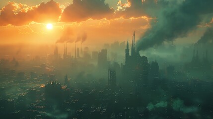 Obraz premium A dark, dystopian cityscape with large, ominous buildings and a polluted sky.