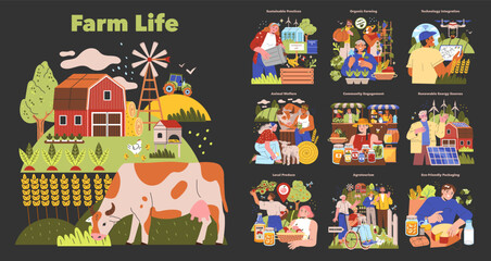 Naklejka premium Farm Life. Flat Vector Illustration
