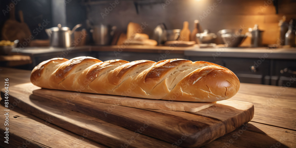 Wall mural French Baguette sits on wooden table