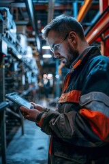 Technician using digital tablet on shop floor