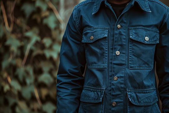 Close-up of a man wearing a stylish blue denim jacket with blurred greenery in the background