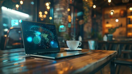 Laptop on wooden table, with cup of coffee. front view. with social finance network hologram. World Wide Web Day