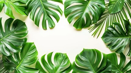  Green tropical leaves against a pristine white backdrop Text space in the center