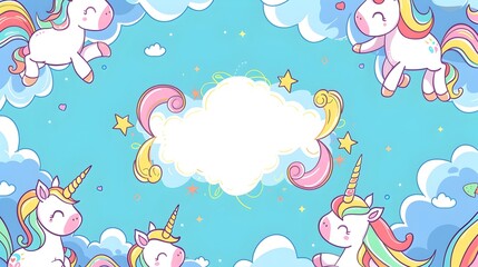 Whimsical Unicorn Cloud Landscape with Rainbow and Stars in Dreamy Pastel Fantasy World