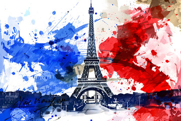 Eiffel Tower and city of Paris in French flag colors, graffiti style artistic concept.