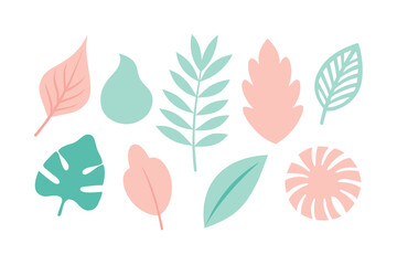 Set of Modern hand drawn plant leaf and tropical shape decoration set. Pastel color doodle bundle for fashion design, summer season or natural