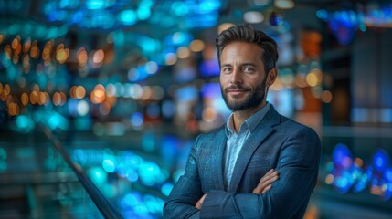 Fototapeta premium A sharp-suited man stands confidently in a vibrant, illuminated office environment after hours.