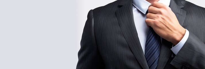 Detail of a well-dressed man in a suit adjusting his tie, conveying professionalism