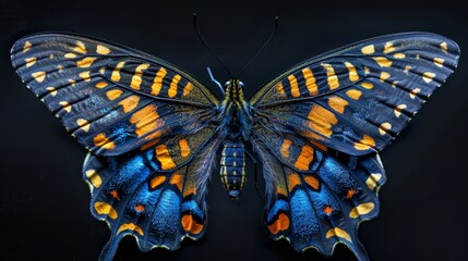  Close-up of an orange and blue striped butterfly against a black background