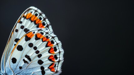  Close-up of a butterfly wing against black backdrop, displaying orange and black spots