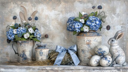  A painting of blue and white flowers in vases and a bunny seated on a hay bale, adorned with a blue bow