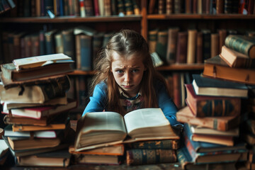 Young sad girl sitting at a table filled with books  