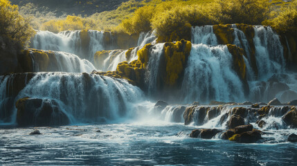 A panoramic view of cascading waterfalls in a pristine wilderness, highlighting the dynamic flow of water within terrestrial ecosystems. Dynamic and dramatic composition, with copy