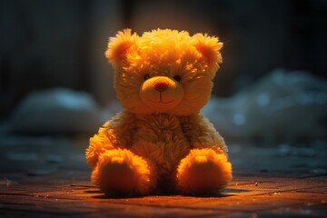 The cute little teddy bear sitting on the floor in a dark background