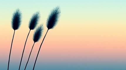  A group of tall grass on a beach beneath a pink and blue sky; background features similar hues